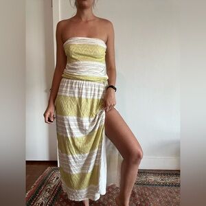 Yellow Stripe Ruffle Strapless Midi Dress